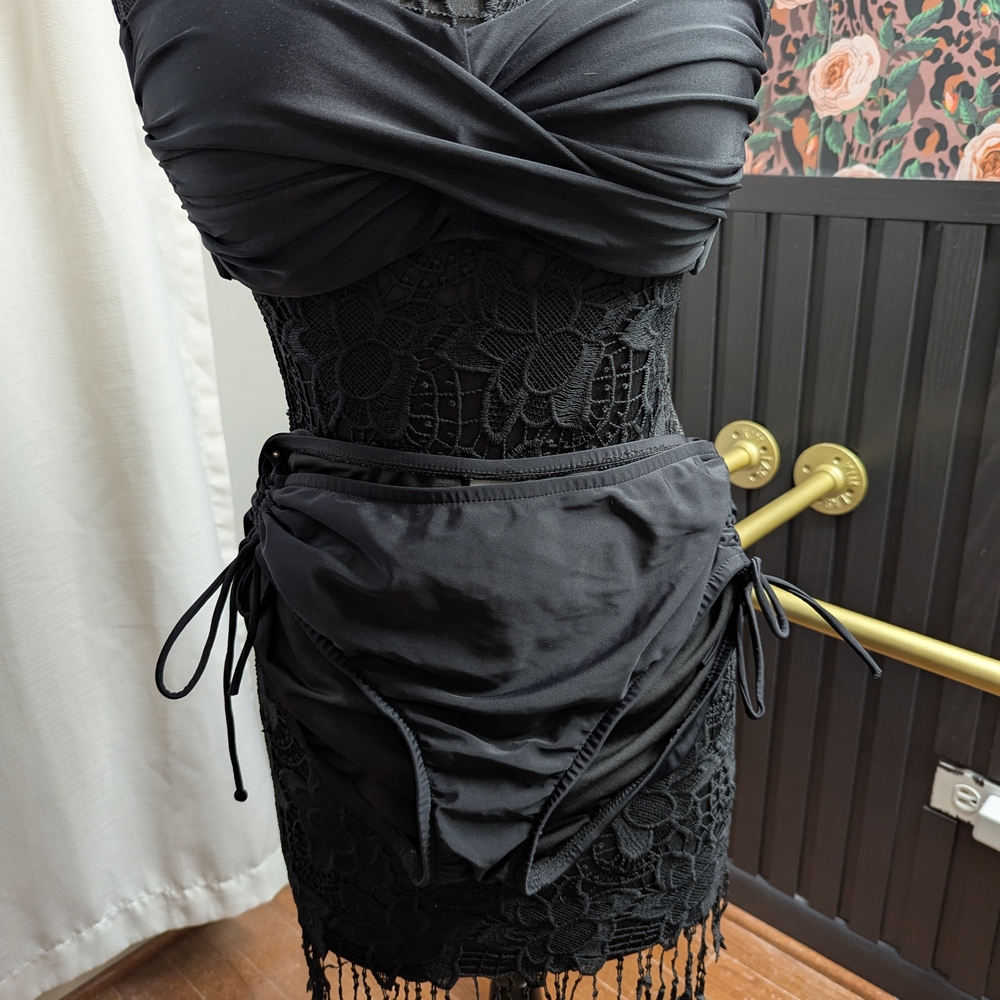 2 Pc Swimsuit, Black Bandeau Top/ Black Side Tie Bottoms